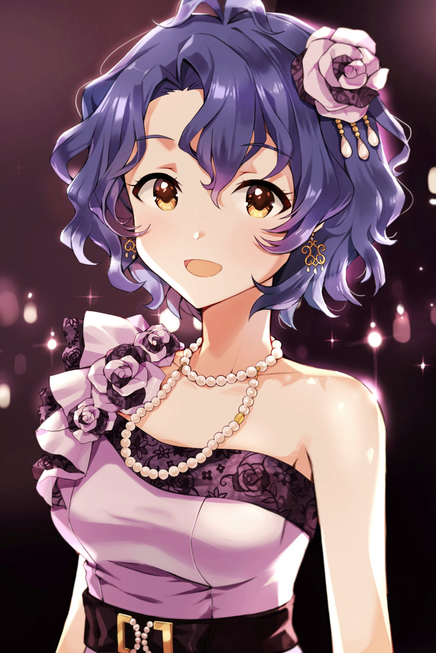1girl absurdres antenna_hair arms_at_sides bangs bare_shoulders black_background blue_hair blurry bokeh breasts depth_of_field dress earrings eyebrows_visible_through_hair floral_print flower gradient gradient_background hair_between_eyes hair_flower hair_ornament highres idolmaster idolmaster_million_live! idolmaster_million_live!_theater_days jewelry looking_at_viewer medium_breasts necklace off-shoulder_dress off_shoulder open_mouth pearl_necklace pinkiepies2 print_dress purple_dress purple_flower shiny shiny_hair short_hair smile solo sparkle toyokawa_fuuka upper_body wavy_hair yellow_eyes
