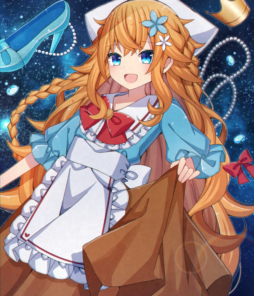1girl :d absurdres apron bangs blue_eyes blue_footwear blue_shirt blush bow braid brown_hair brown_skirt collared_shirt commentary_request crown eyebrows_visible_through_hair frilled_apron frills hair_between_eyes high_heels highres jewelry long_hair looking_at_viewer mini_crown necklace nijisanji open_mouth otogibara_era pearl_necklace pleated_skirt puffy_short_sleeves puffy_sleeves red_bow sapphire_(gemstone) sapphire_(sapphire25252) shirt shoes short_sleeves skirt smile solo very_long_hair virtual_youtuber white_apron