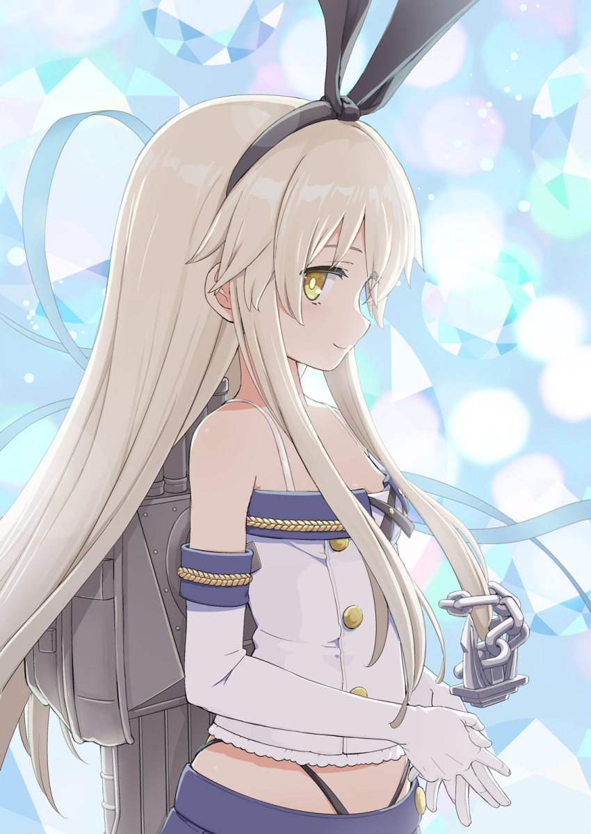 1girl adapted_costume aka_ringo black_panties blonde_hair blue_skirt commentary_request elbow_gloves from_side gloves hair_between_eyes highleg highleg_panties highres kantai_collection long_hair miniskirt panties shimakaze_(kantai_collection) sidelocks skirt smile solo spaghetti_strap underwear white_gloves yellow_eyes
