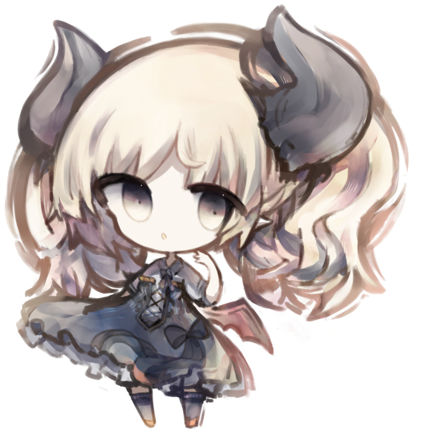 1girl bangs black_bow black_dress black_legwear blonde_hair bow brown_eyes brown_footwear chibi collared_shirt commentary_request cottontailtokki curled_horns demon_horns dress full_body gremory_(shadowverse) hand_up horns long_hair shadowverse shirt short_sleeves simple_background solo standing strapless strapless_dress thigh-highs white_background white_shirt