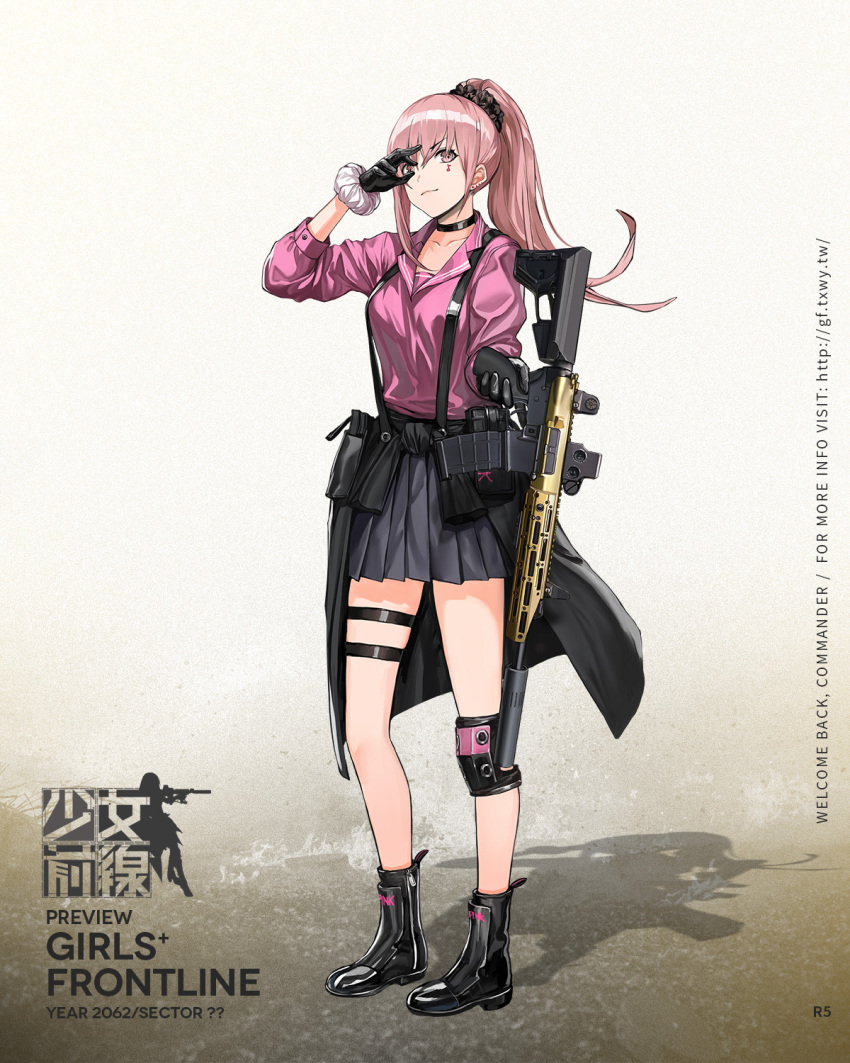 1girl assault_rifle bangs black_choker black_footwear black_jacket black_scrunchie boots breasts character_name choker clothes_around_waist earrings facial_mark full_body girls_frontline grey_skirt gun highres holding holding_gun holding_weapon infukun jacket jacket_around_waist jewelry logo long_hair looking_at_viewer medium_breasts multiple_piercings musical_note official_art pink_eyes pink_hair pleated_skirt ponytail purple_shirt r5_(girls_frontline) remington_arms remington_r5_rgp rifle scrunchie shirt sidelocks single_knee_pad skirt smile stud_earrings suspenders thigh_strap trigger_discipline weapon white_scrunchie wrist_scrunchie