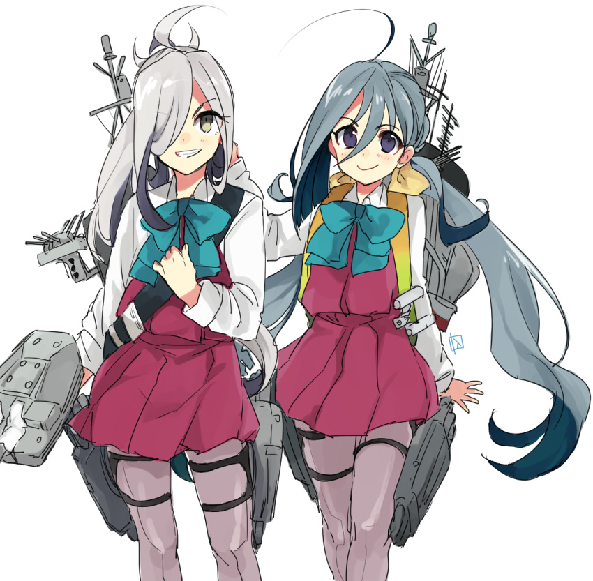 2girls adapted_turret ahoge asashimo_(kantai_collection) bow bowtie cannon cowboy_shot grey_eyes grey_hair grey_legwear grin hair_between_eyes hair_bun hair_over_one_eye halterneck kantai_collection kiyoshimo_(kantai_collection) long_hair low_twintails machinery multiple_girls nakagomiyuki415 pantyhose school_uniform shirt silver_hair simple_background smile standing torpedo_launcher turret twintails very_long_hair white_background white_shirt