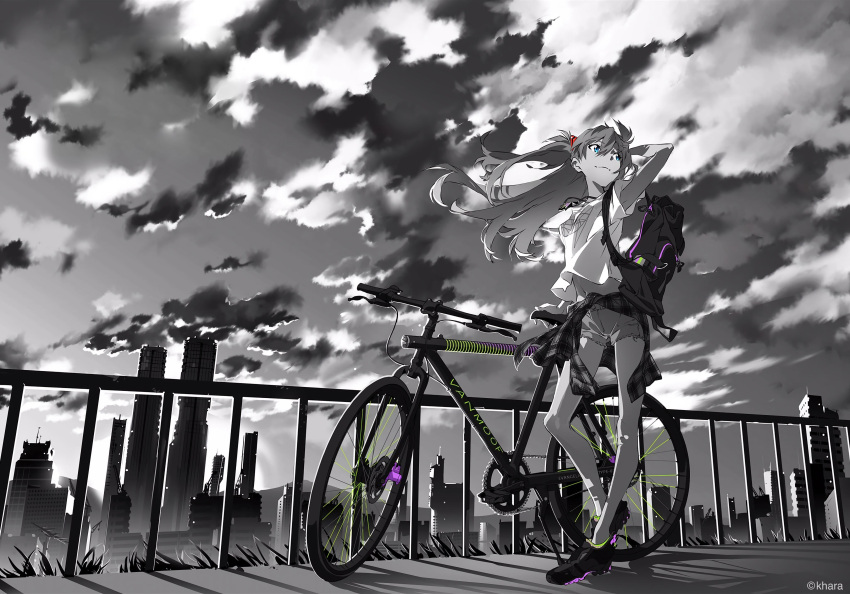 1girl absurdres backpack bag bicycle cityscape clouds commentary full_body grass ground_vehicle highres long_hair monochrome neon_genesis_evangelion railing shirt shoes shorts sky sneakers souryuu_asuka_langley standing standing_on_one_leg t-shirt