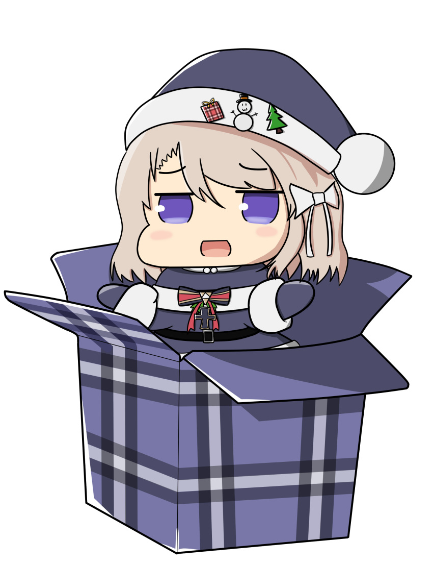 1girl :d azur_lane black_dress black_headwear bow box brown_hair chibi christmas commentary dress gift gift_box hair_bow hat hat_ornament highres in_box in_container looking_at_viewer lou7e open_mouth santa_costume santa_dress santa_hat short_hair smile solo transparent_background violet_eyes z23_(azur_lane)