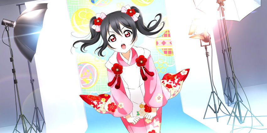 black_hair blush kimono long_hair love_live!_school_idol_festival_all_stars red_eyes twintails yazawa_nico