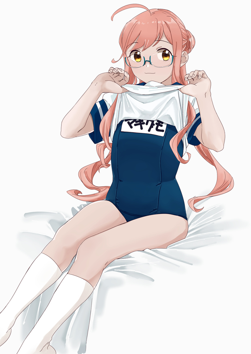 1girl ahoge alternate_costume blue_sailor_collar blue_swimsuit double_bun feet_out_of_frame flat_chest glasses highres kantai_collection kneehighs long_hair makigumo_(kantai_collection) name_tag no_pants ojipon pink_hair sailor_collar sailor_shirt school_swimsuit shirt shirt_lift simple_background sitting solo swimsuit swimsuit_under_clothes twintails white_background white_legwear yellow_eyes
