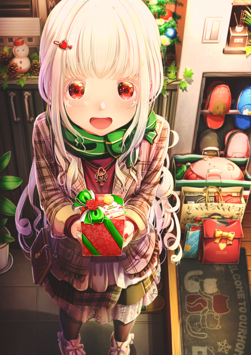 1girl :d abo_(kawatasyunnnosukesabu) bag bangs black_footwear black_legwear blue_footwear box christmas christmas_ornaments commentary_request curly_hair entrance gift gift_bag gift_box green_scarf hair_ornament handbag heart heart_hair_ornament highres holding holding_gift incoming_gift indoors jewelry long_hair looking_at_viewer mismatched_nail_polish nail_polish necklace open_mouth original pantyhose pinecone pink_footwear plaid_coat plant potted_plant red_eyes red_footwear red_nails scarf shoes sidelocks skirt slippers slippers_removed smile solo standing striped striped_scarf very_long_hair welcome_mat white_hair white_nails