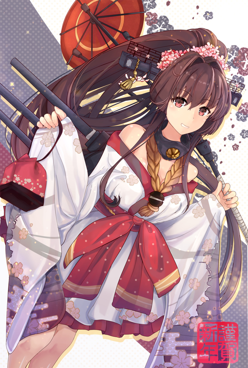 1girl alternate_costume bag bangs blush breasts brown_eyes brown_hair cake_no_shaberu cannon cherry_blossoms flower hair_flower hair_ornament headgear highres holding holding_umbrella japanese_clothes kantai_collection kimono large_breasts long_hair looking_at_viewer obi off-shoulder_kimono oriental_umbrella ponytail rigging sash skirt sleeves_past_wrists smile solo turret umbrella very_long_hair white_kimono wide_sleeves yamato_(kantai_collection)