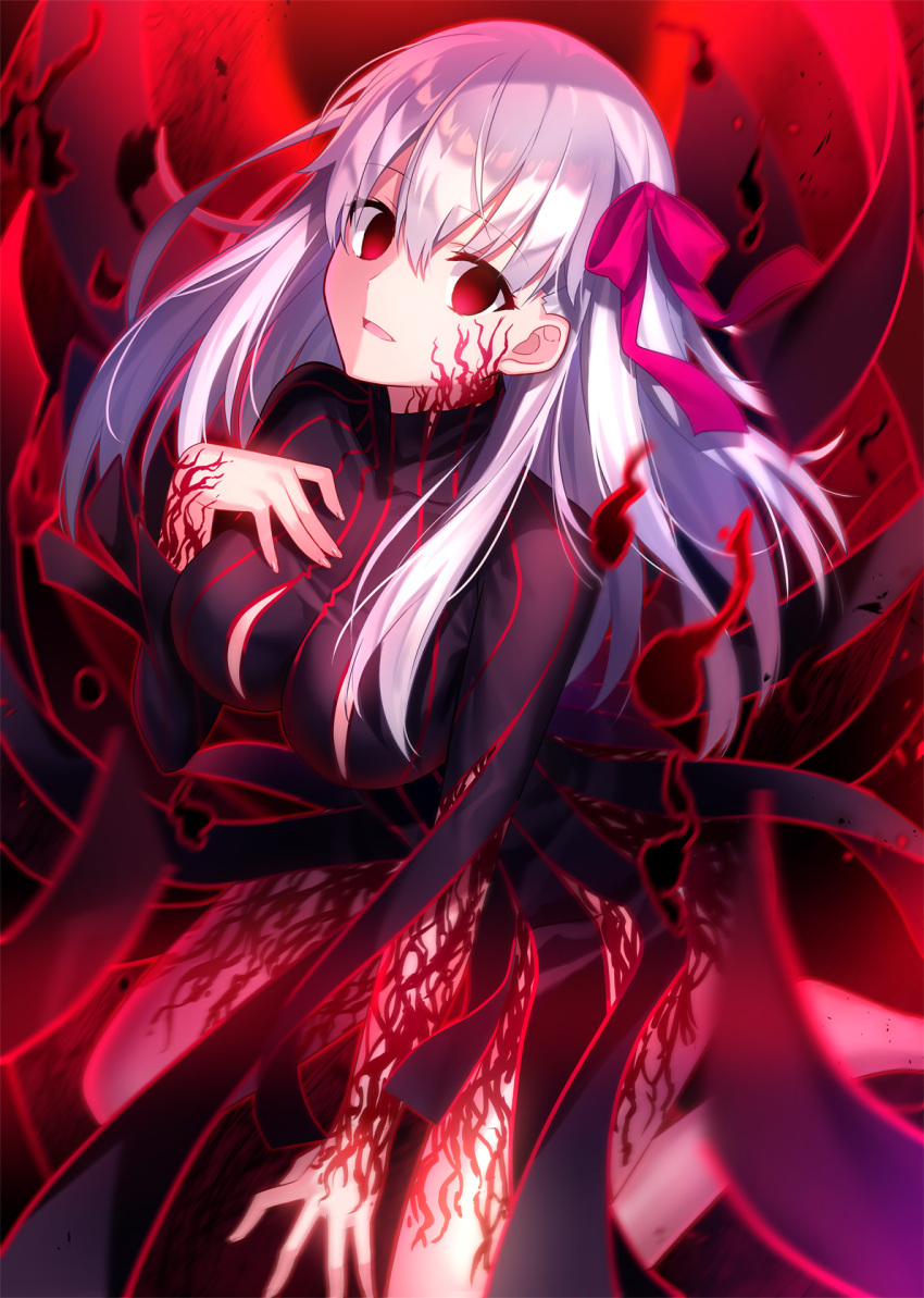 1girl bangs barefoot blurry blurry_background body_markings breasts commentary_request dark_persona dark_sakura darkness dress empty_eyes eyebrows_visible_through_hair fate/stay_night fate_(series) fuyuki_(neigedhiver) hair_ribbon hand_on_own_chest heaven's_feel highres large_breasts long_hair looking_at_viewer matou_sakura no_pupils parted_lips pink_nails red_eyes red_ribbon ribbon sitting solo striped striped_dress tagme wariza white_hair