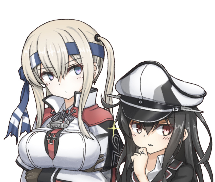 2girls black_hair blazer blonde_hair blue_headband borrowed_garments breasts capelet celtic_knot commentary_request graf_zeppelin_(kantai_collection) grey_eyes hair_between_eyes hat hatsushimo_(kantai_collection) headband headwear_switch height_difference highres iron_cross jacket kantai_collection large_breasts long_hair military military_uniform multiple_girls necktie peaked_cap red_eyes school_uniform sidelocks simple_background tsurime twintails umino_ht uniform upper_body white_background