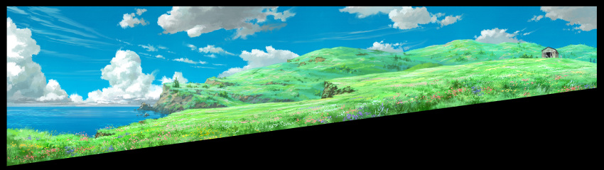 blue_sky cliff clouds cloudy_sky day field flower flower_field highres hill hosoi_mikio landscape no_humans ocean original outdoors scenery shack sky tree