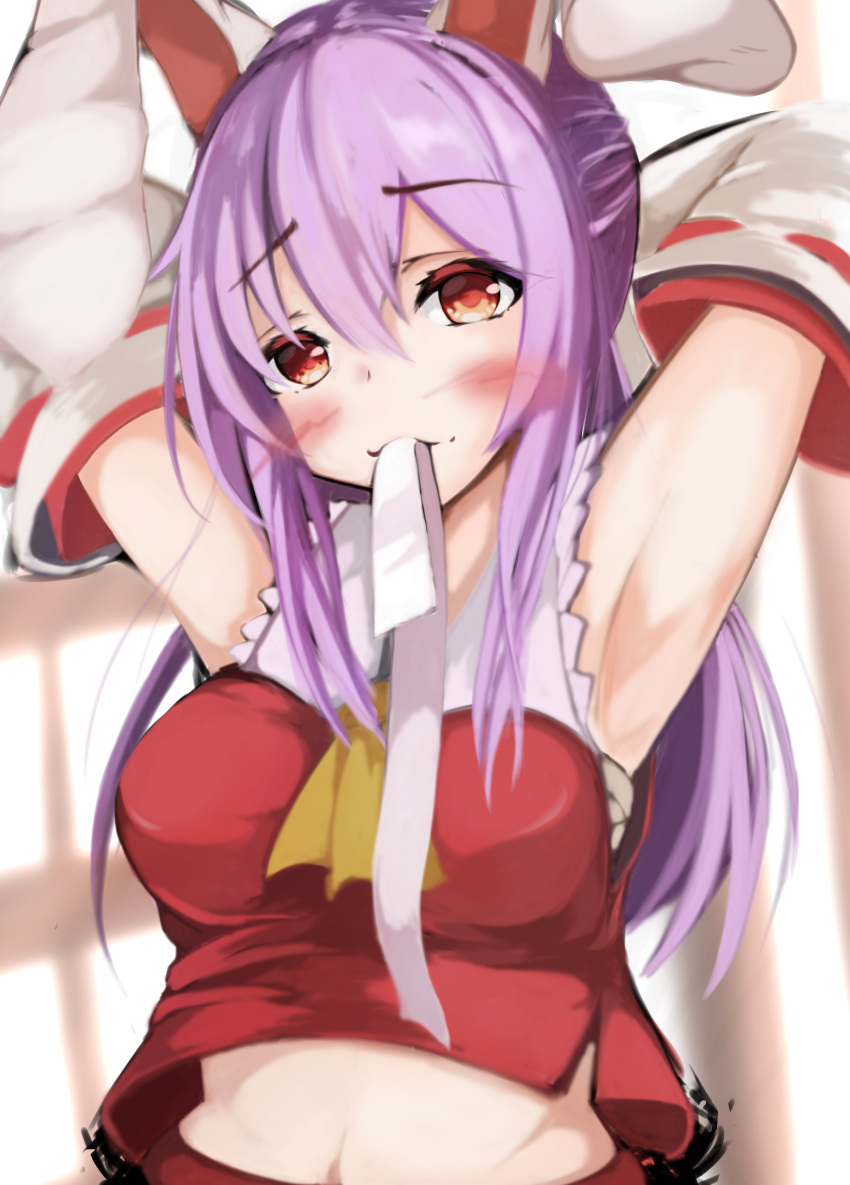 1girl absurdres animal_ears arm_behind_head armpits arms_up bahamun bare_shoulders blush breasts bunny_girl commentary_request cosplay detached_sleeves hair_between_eyes hakurei_reimu hakurei_reimu_(cosplay) highres huge_filesize japanese_clothes long_hair looking_at_viewer medium_breasts midriff miko mouth_hold navel nontraditional_miko purple_hair rabbit_ears red_eyes red_shirt reisen_udongein_inaba sarashi shirt sleeveless sleeveless_shirt smile solo touhou