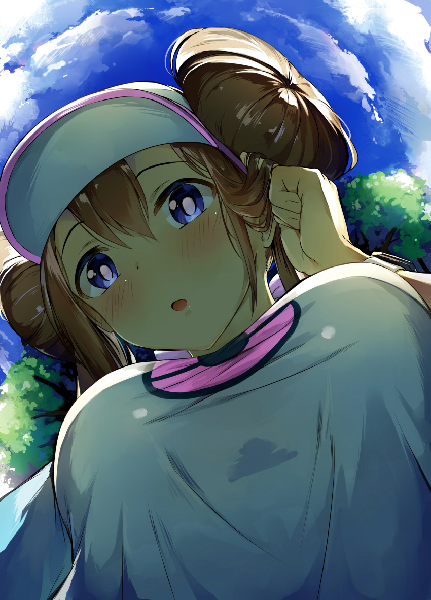 1girl absurdres blue_eyes blue_sky blush brown_hair clouds commentary_request day double_bun from_below hair_tucking highres long_hair looking_at_viewer looking_down mei_(pokemon) outdoors poke_ball_print pokemon pokemon_(game) pokemon_bw2 print_shirt seneto shirt sky solo upper_body visor_cap white_headwear white_shirt wristband