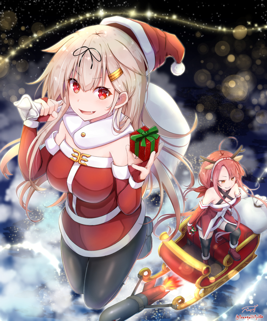 2girls ahoge antlers asymmetrical_bangs baileys_(tranquillity650) bangs blonde_hair blurry blush bokeh braid breasts clouds depth_of_field elbow_gloves fingerless_gloves flying gloves gradient_hair hair_flaps hair_ornament hair_ribbon hairband hairclip hat highres kantai_collection kawakaze_(kantai_collection) long_hair low_twintails messy_hair multicolored_hair multiple_girls night open_mouth pantyhose pointy_ears red_eyes redhead remodel_(kantai_collection) ribbon santa_costume santa_hat sidelocks sky sleigh smile torpedo twintails twitter_username very_long_hair yuudachi_(kantai_collection)