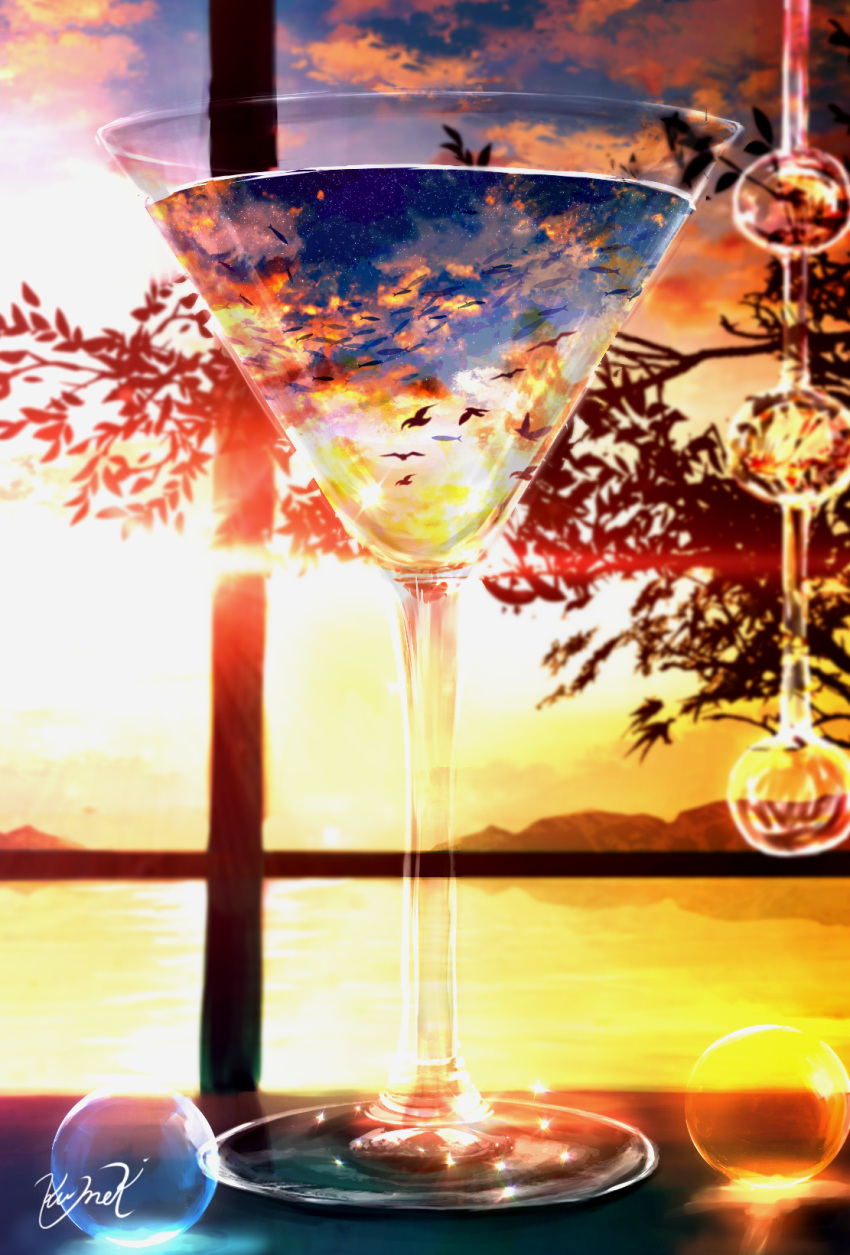 abstract alcohol bird cocktail cocktail_glass cup drinking_glass fish glass highres hill kumeki_(kk4615) no_humans original reflection scenery signature silhouette sky star_(sky) starry_sky sunset surreal tree water window