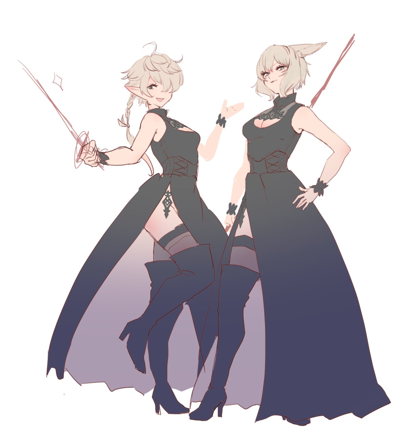 2girls alisaie_leveilleur animal_ears boots bracelet braided_ponytail breasts cat_ears cat_girl cleavage_cutout dress elezen elf facial_mark final_fantasy final_fantasy_xiv hand_on_hip highres jewelry luna_1007 medium_breasts miqo'te multiple_girls nier_(series) nier_automata pointy_ears rapier short_hair sleeveless sleeveless_dress small_breasts staff sword thigh-highs thigh_boots weapon white_hair y'shtola_rhul