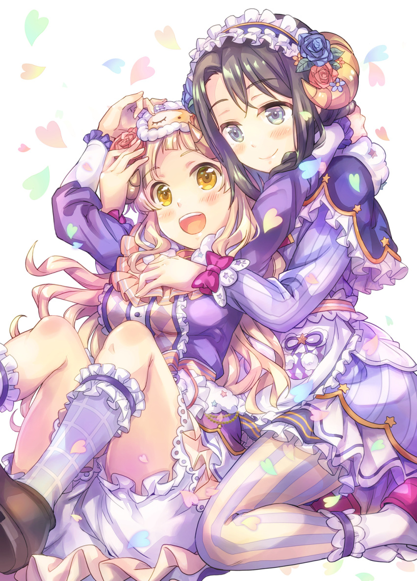 2girls :d bang_dream! bangs black_hair blonde_hair bloomers blue_eyes blue_flower blue_rose blush bow capelet center_frills commentary_request dress flower frilled_capelet frilled_hairband frilled_legwear frilled_sleeves frills fur-trimmed_capelet fur_trim hair_flower hair_ornament hairband hand_on_another's_chest hand_on_another's_head hand_on_own_head heart highres horns hug hug_from_behind kneehighs knees_up long_hair long_sleeves looking_at_viewer mask mask_on_head multiple_girls okusawa_misaki open_mouth petals plaid plaid_legwear pom_pom_(clothes) purple_bow purple_dress red_flower red_rose rose rose_hair_ornament sheep_horns shoes sitting sleep_mask smile striped striped_legwear takitarou tsurumaki_kokoro underwear vertical-striped_legwear vertical_stripes white_legwear wrist_bow