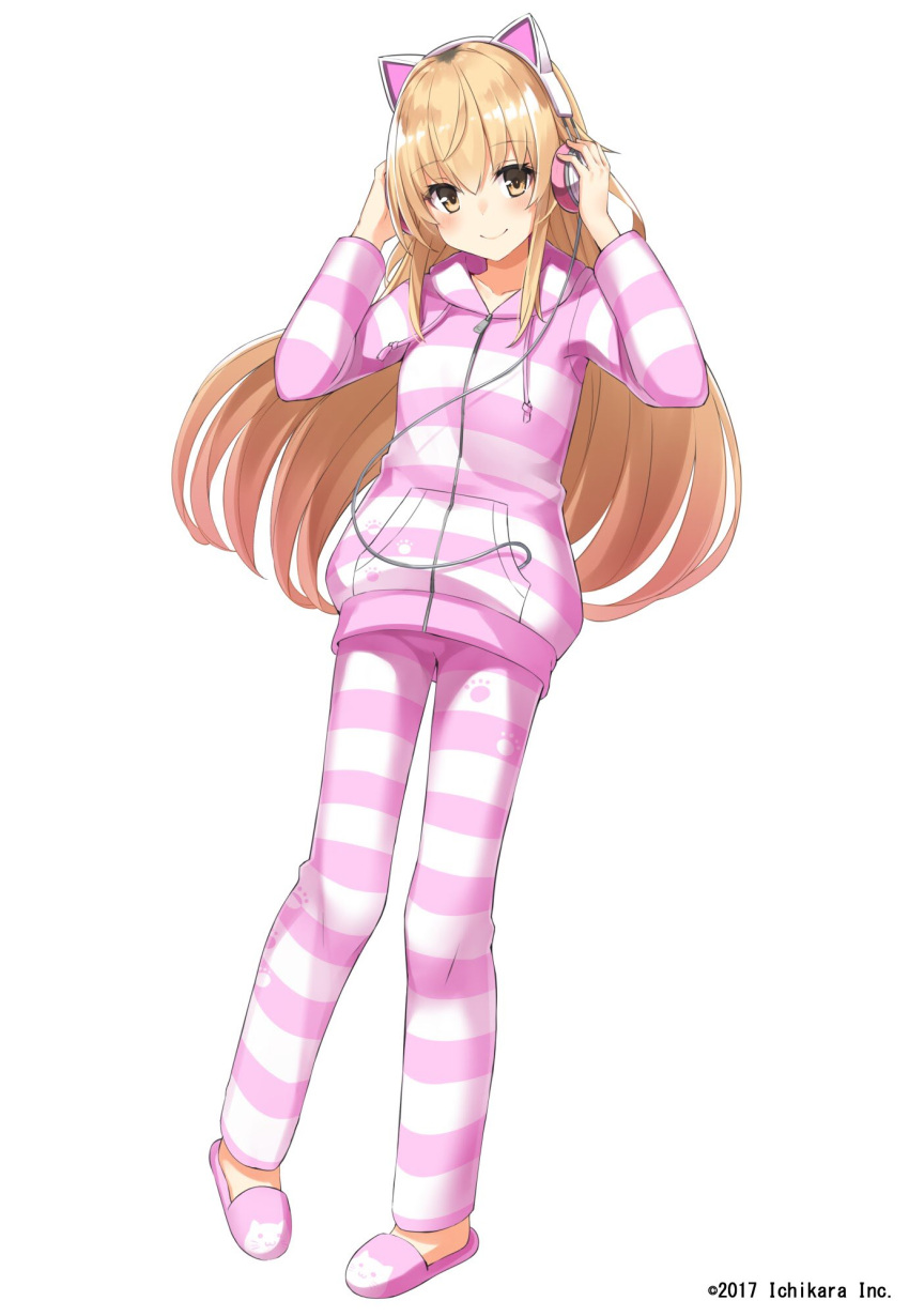 1girl animal_slippers bangs blonde_hair blush brown_eyes cat_ear_headphones closed_mouth copyright_name eyebrows_visible_through_hair full_body hair_between_eyes hand_on_headwear headphones highres holding ienaga_mugi long_hair long_sleeves looking_at_viewer nijisanji pajamas pants paw_print shirt sidelocks sleeves_past_wrists slippers smile solo standing striped striped_pants striped_shirt takehana_note very_long_hair white_background