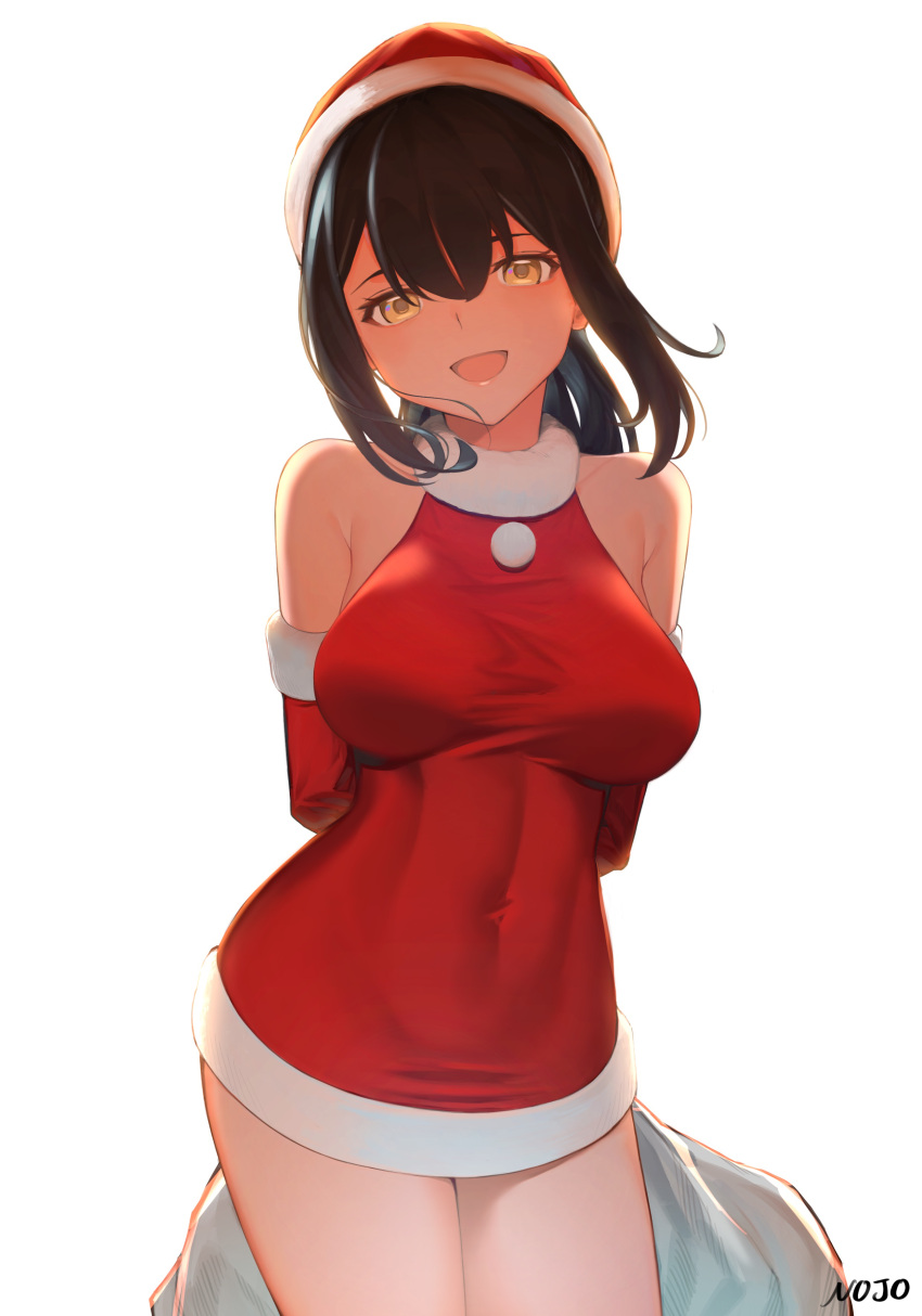 1girl 9nojo :d absurdres arms_behind_back bangs blush breasts brown_hair covered_navel cowboy_shot dress elbow_gloves fur-trimmed_dress gloves hat head_tilt highres impossible_clothes impossible_dress large_breasts long_hair open_mouth original ponytail red_dress red_gloves sack santa_costume santa_hat short_dress sidelocks signature simple_background sleeveless sleeveless_dress smile solo thighs white_background yellow_eyes