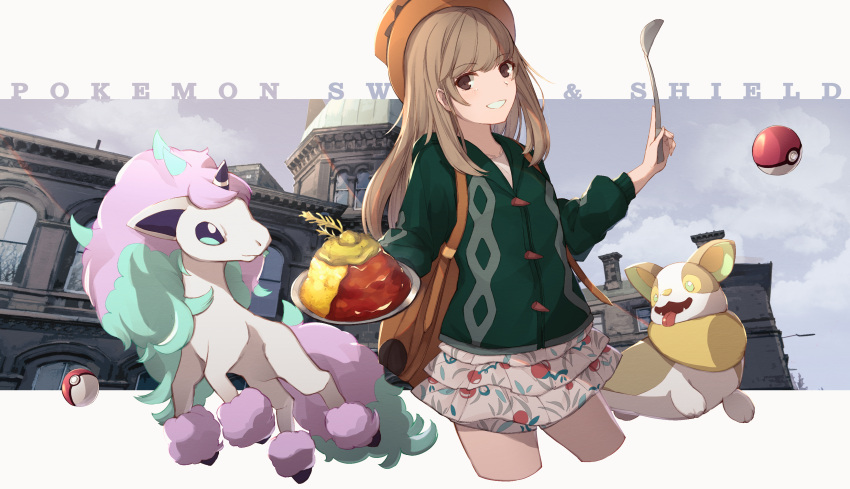 1girl absurdres bag bangs brown_eyes brown_hair building commentary cropped_legs english_text eyebrows_visible_through_hair food galarian_ponyta gen_8_pokemon green_jacket hat highres holding holding_spoon jacket long_hair looking_at_viewer miniskirt orange_headwear poke_ball poke_ball_(generic) pokemon pokemon_(creature) pokemon_(game) pokemon_swsh print_skirt sagiri_(ulpha220) shoulder_bag skirt smile spoon yamper yuuri_(pokemon)