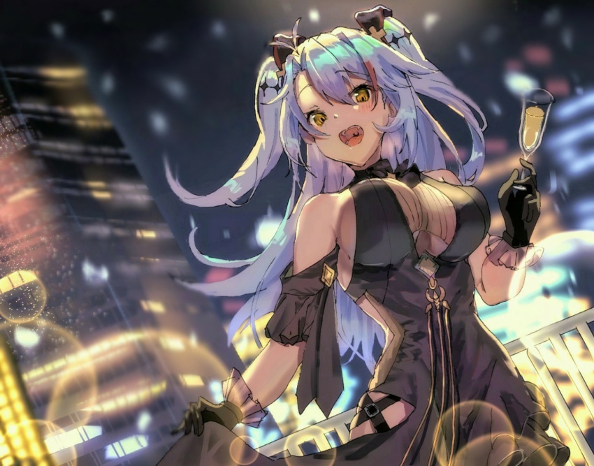 1girl alternate_costume antenna_hair azur_lane bangs bare_shoulders black_dress black_gloves blush breasts champagne_flute cup dress dress_lift drinking_glass eyebrows_visible_through_hair gloves hair_between_eyes holding holding_cup jinbei_(user_tpny4757) large_breasts lifted_by_self long_hair looking_at_viewer multicolored_hair night open_mouth orange_eyes outdoors prinz_eugen_(azur_lane) prinz_eugen_(cordial_cornflower)_(azur_lane) redhead silver_hair smile streaked_hair swept_bangs two_side_up very_long_hair
