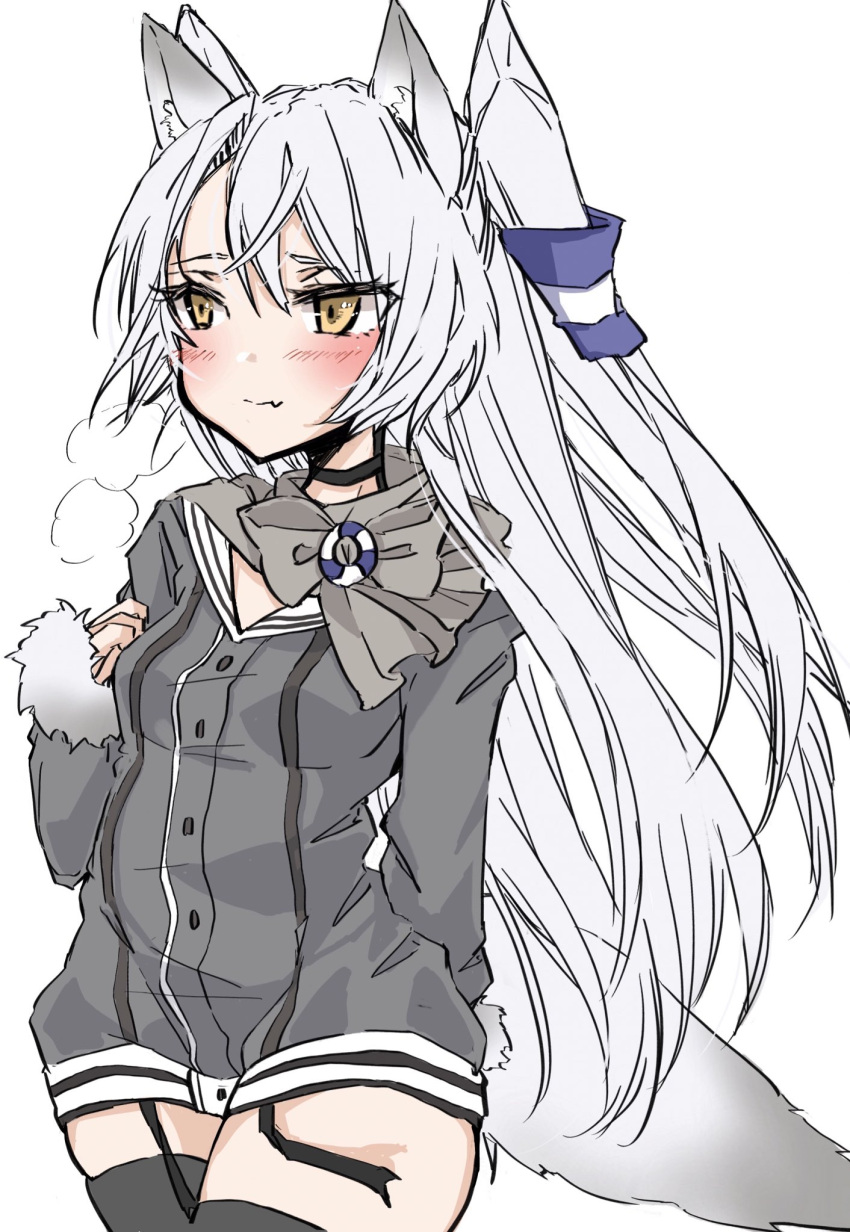 1girl adapted_costume amatsukaze_(kantai_collection) animal_ears black_legwear brown_dress chigasaki_y dress fang fox_ears fox_tail garter_straps hair_tubes highres kantai_collection lifebuoy long_hair looking_to_the_side sailor_dress short_dress silver_hair simple_background skin_fang solo tail thigh-highs two_side_up white_background windsock