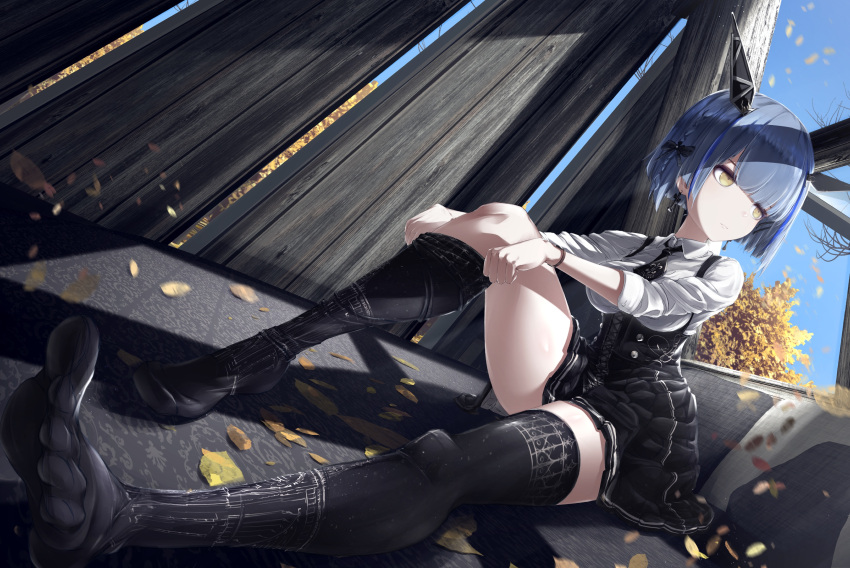 1girl azur_lane bangs black_bow black_legwear black_neckwear black_skirt blue_hair blunt_bangs bob_cut bow closed_mouth collared_shirt commentary_request corset cross cross_earrings drapa_box10 dutch_angle earrings expressionless feet foreshortening gascogne_(azur_lane) gascogne_(muse)_(azur_lane) hair_bow headgear highres jewelry jitome leaf looking_to_the_side necktie outdoors shirt short_hair sitting skirt solo straight_hair thigh-highs thighs toes white_shirt yellow_eyes zettai_ryouiki