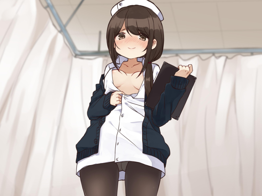 1girl black_legwear black_sweater blurry blurry_background blush breasts brown_eyes brown_hair cardigan clipboard closed_mouth collared_dress commentary_request cowboy_shot curtains depth_of_field dress hair_over_shoulder hair_tie hat highres holding holding_clipboard indoors long_sleeves looking_at_viewer no_bra nurse nurse_cap open_cardigan open_clothes original pan_koujou panties panties_under_pantyhose pantyhose partially_unbuttoned ponytail short_dress small_breasts smile solo sweater underwear undressing white_dress white_headwear
