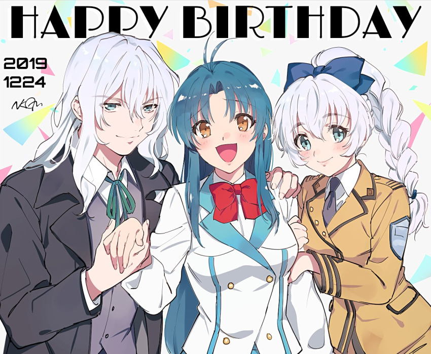 1boy 2girls blazer blue_hair braid braided_ponytail brown_eyes chidori_kaname commentary_request formal full_metal_panic! grey_eyes grey_neckwear happy_birthday holding_hands jacket jindai_high_school_uniform leonard_testarossa long_hair looking_at_viewer military military_uniform multiple_girls nakagomiyuki415 necktie one_eye_closed red_neckwear school_uniform silver_hair single_braid smile suit teletha_testarossa uniform vest