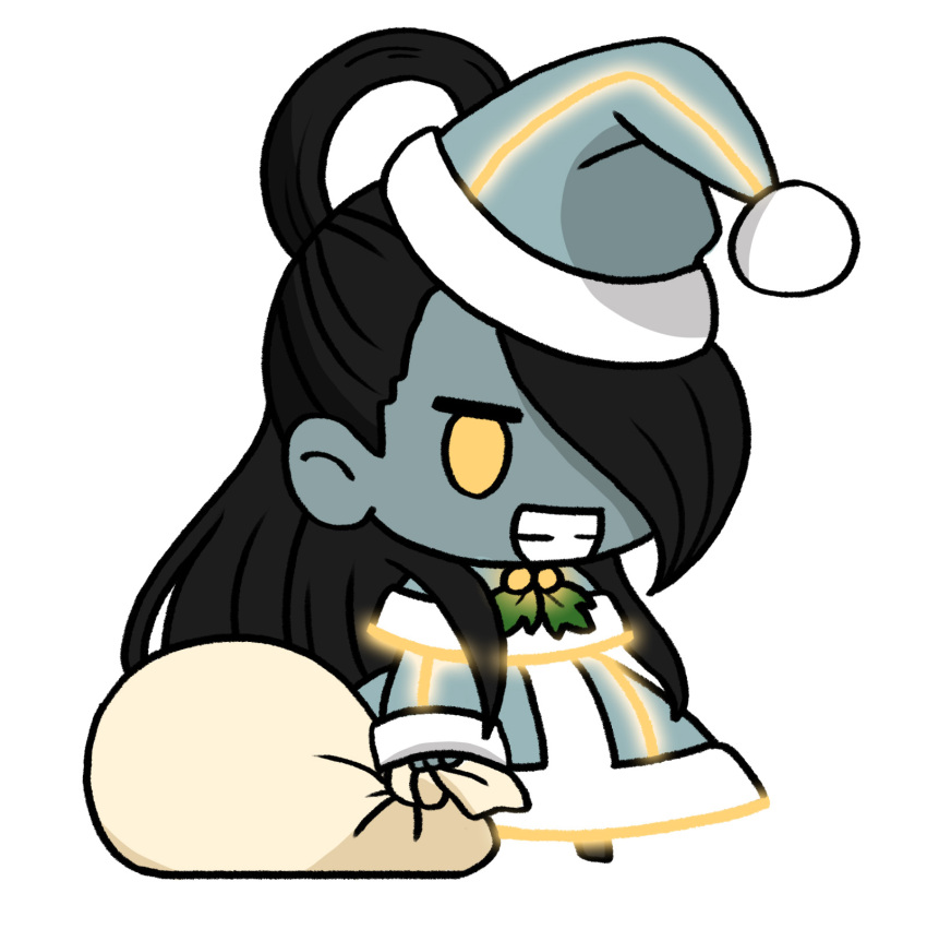 1girl black_hair chibi commentary dress elizabeth_o'rear english_commentary fate/extra fate_(series) grin hair_over_one_eye hat highres holding holding_sack holly long_hair meme metal_skin neon_trim padoru sack santa_hat seth_(street_fighter) smile solo street_fighter street_fighter_v yellow_eyes