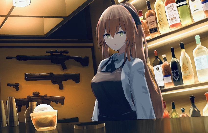 1girl alcohol alternate_costume bar bartender brown_hair butasanp girls_frontline green_eyes gun hair_between_eyes highres long_hair long_sleeves m1903_springfield_(girls_frontline) open_mouth ponytail ribbon shirt weapon white_shirt