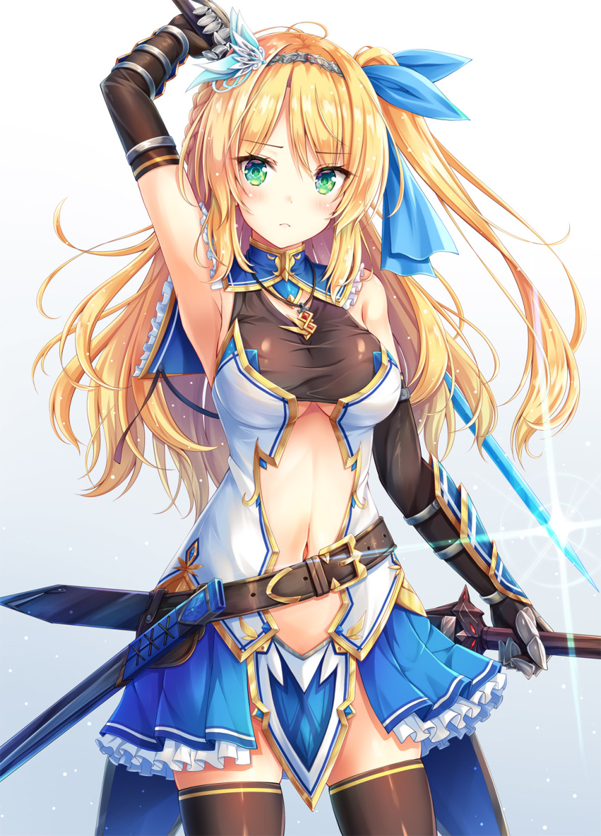 1girl akashio_(loli_ace) arm_up armpits bare_shoulders belt blonde_hair blue_ribbon blue_skirt braid breasts brown_gloves brown_legwear center_opening closed_mouth cowboy_shot dual_wielding elbow_gloves frilled_shirt_collar frills frown gauntlets glint gloves gold_trim gradient gradient_background green_eyes hair_ribbon hairband highres holding holding_sword holding_weapon jewelry long_hair looking_at_viewer medium_breasts miniskirt navel necklace one_side_up original pelvic_curtain pleated_skirt rapier ribbon sheath shirt showgirl_skirt skindentation skirt sleeveless sleeveless_shirt solo standing stomach sword thigh-highs under_boob weapon white_background zettai_ryouiki