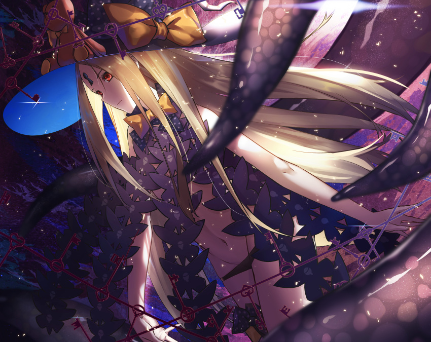1girl abigail_williams_(fate/grand_order) absurdres backlighting bangs bare_shoulders black_bow black_headwear black_panties blonde_hair bow breasts closed_mouth fate/grand_order fate_(series) forehead hat highres keyhole long_hair multiple_bows navel orange_bow panties parted_bangs polka_dot polka_dot_bow red_eyes solo stuffed_animal stuffed_toy teddy_bear ten_no_hoshi tentacles thighs underwear witch_hat