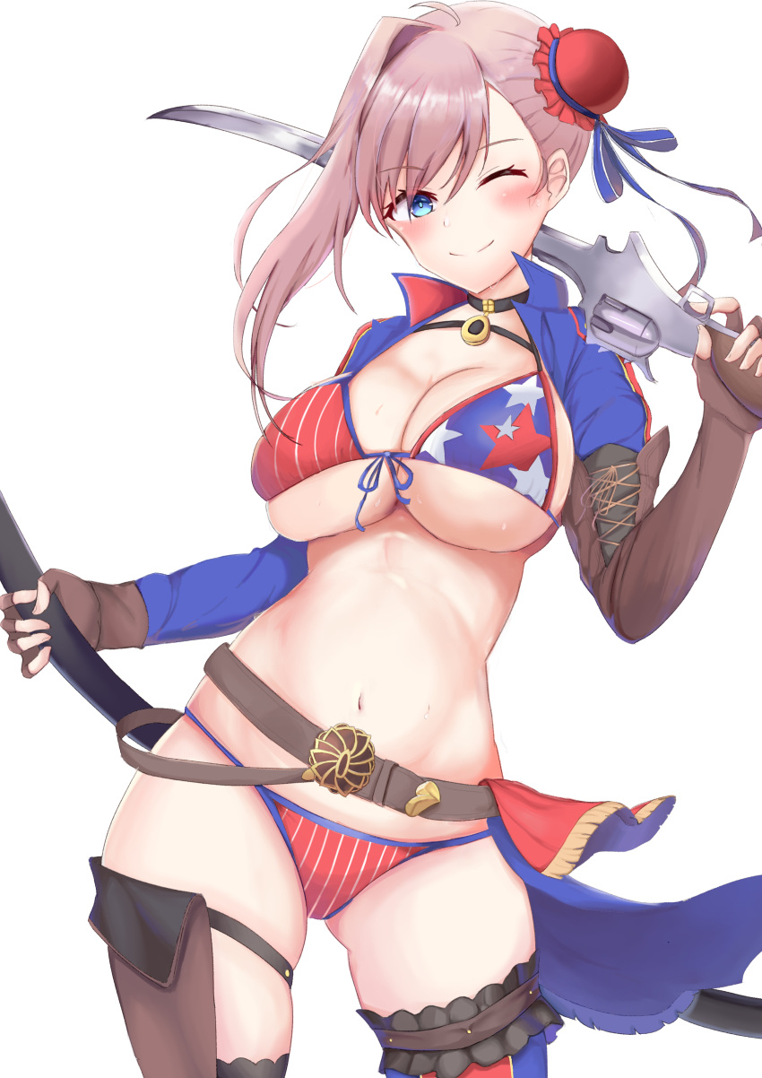 1girl absurdres american_flag_bikini american_flag_legwear asymmetrical_footwear asymmetrical_gloves asymmetrical_hair bangs belt beltskirt bikini blue_eyes breasts bun_cover cowboy_shot elbow_gloves fate/grand_order fate_(series) fingerless_gloves flag_print front-tie_bikini front-tie_top gloves hair_bun half-skirt highres large_breasts long_hair miyamoto_musashi_(fate/grand_order) miyamoto_musashi_(swimsuit_berserker)_(fate) navel one_eye_closed oni_no_shura pink_hair shrug_(clothing) side_bun simple_background single_elbow_glove single_hair_intake single_sidelock single_thigh_boot single_thighhigh solo swept_bangs swimsuit thigh-highs under_boob white_background