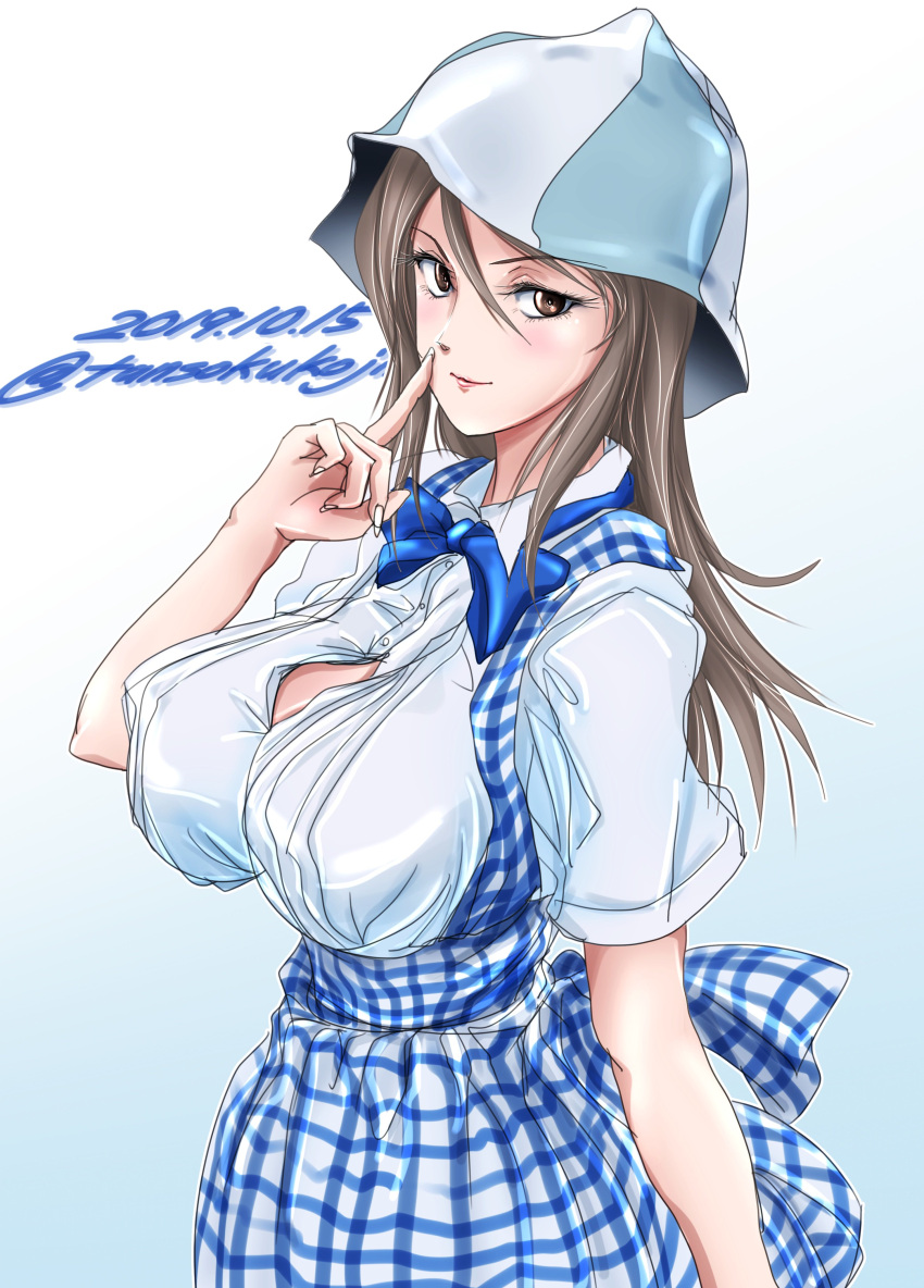 1girl absurdres alternate_costume apron blue_apron blue_background blue_headwear blue_neckwear bow bowtie breasts brown_eyes brown_hair bursting_breasts checkered_apron closed_mouth collared_shirt commentary convenience_store dated employee_uniform eyelashes finger_to_mouth fingernails gingham gingham_apron girls_und_panzer hat highres kobeya koubeya_uniform large_breasts lipstick long_hair looking_at_viewer makeup mika_(girls_und_panzer) plaid plaid_apron red_lipstick sharp_fingernails shirt shop short_sleeves shushing smile solo standing tomokoji twitter_username uniform waitress white_shirt