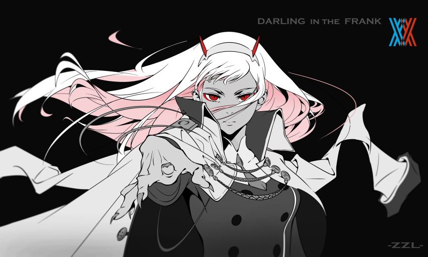 1girl absurdres arm_up artist_name bangs black_background breasts closed_mouth collar darling_in_the_franxx hairband highres horns long_hair looking_at_viewer monochrome nail oni_horns pink_hair red_eyes red_horns simple_background solo stretched_limb uniform upper_body zero_two_(darling_in_the_franxx) zzl