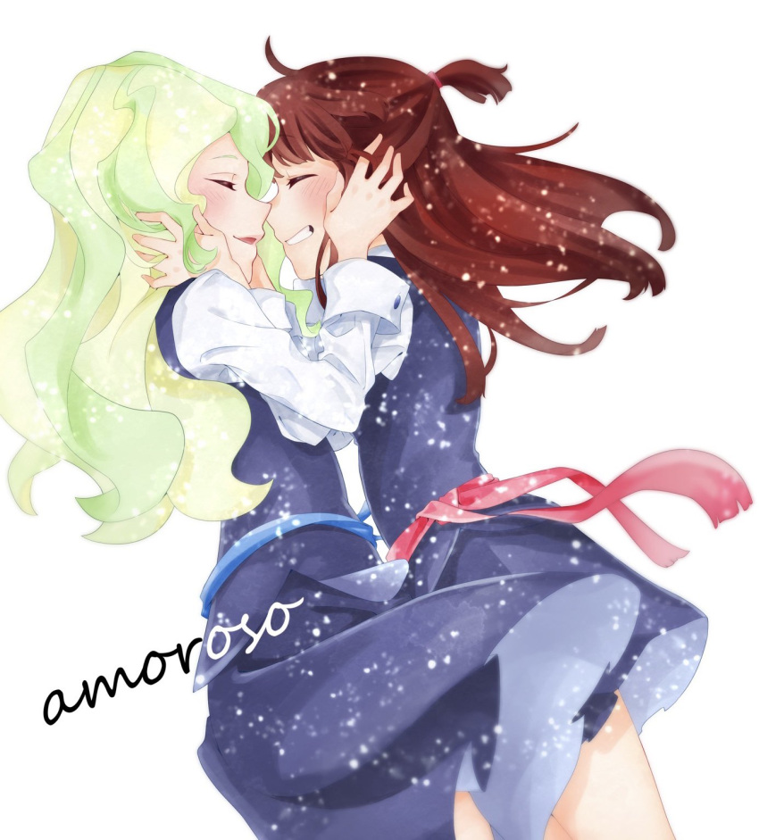 2girls artist_name artist_request blue_sash blush brown_hair couple diana_cavendish happy highres imminent_kiss kagari_atsuko little_witch_academia long_hair luna_nova_school_uniform multicolored_hair multiple_girls red_sash sash school_uniform simple_background skirt smile thighs two-tone_hair uniform watermark wavy_hair white_background yuri