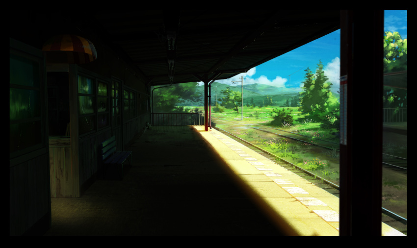 awning bench blue_sky clouds cloudy_sky day door flower fluorescent_lamp highres hosoi_mikio landscape mountain no_humans original outdoors scenery sky station tree window