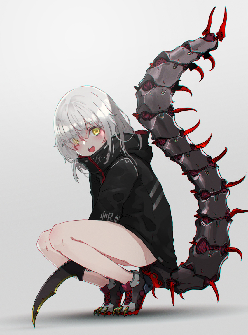 1girl absurdres blush bug centipede eyebrows_visible_through_hair eyes_visible_through_hair gradient gradient_background highres holding holding_knife holding_weapon knife medium_hair oota_youjo open_mouth original smile solo squatting tail upper_teeth weapon white_hair yellow_eyes