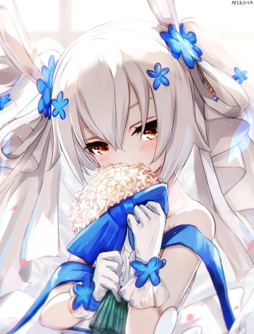 1girl absurdres animal_ears azur_lane bangs bare_shoulders blue_flower blurry blurry_background blush bouquet commentary_request depth_of_field dyolf eyebrows_behind_hair flower gloves grey_hair hair_between_eyes hair_flower hair_ornament head_tilt highres holding holding_bouquet laffey_(azur_lane) laffey_(white_rabbit's_oath)_(azur_lane) long_hair looking_at_viewer rabbit_ears red_eyes signature solo twintails upper_body white_flower white_gloves