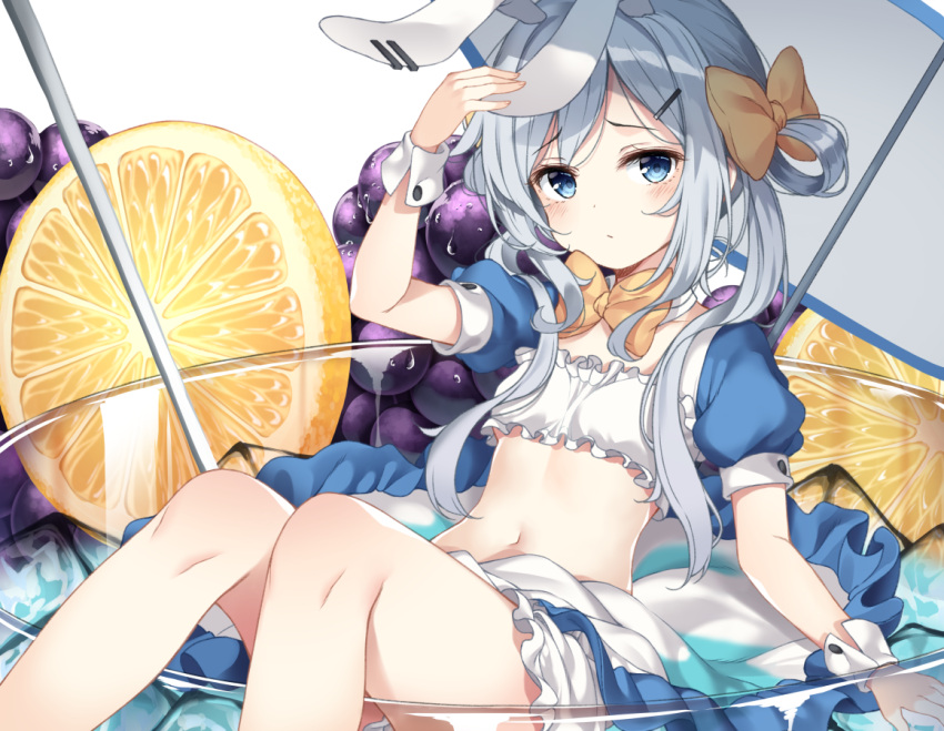 1girl animal_ears bare_legs blue_eyes blue_skirt bow bowtie crop_top cup detached_collar food fruit grapes hair_bow hair_ornament hair_rings hairclip hand_up in_container in_cup inhoya2000 lemon lemon_slice long_hair looking_at_viewer midriff miniskirt navel original rabbit_ears shirt short_sleeves sidelocks silver_hair skirt solo twintails white_shirt wrist_cuffs