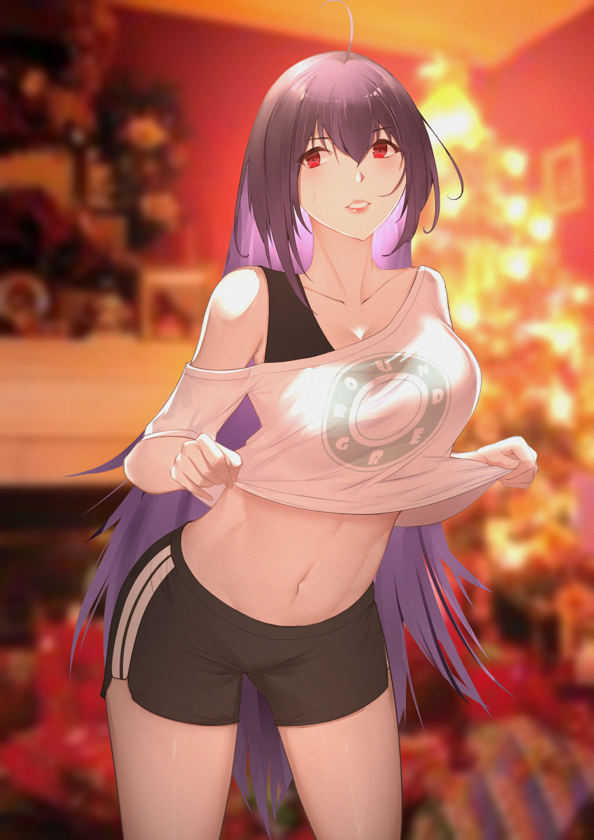1girl absurdres ahoge blurry blurry_background box christmas christmas_lights christmas_ornaments christmas_tree fate/grand_order fate_(series) fireplace gift gift_box hair_intakes highres huge_filesize indoors izaac looking_at_viewer parted_lips pine_tree purple_hair red_eyes scathach_(fate)_(all) scathach_(fate/grand_order) shirt_lift shorts smile tank_top tree