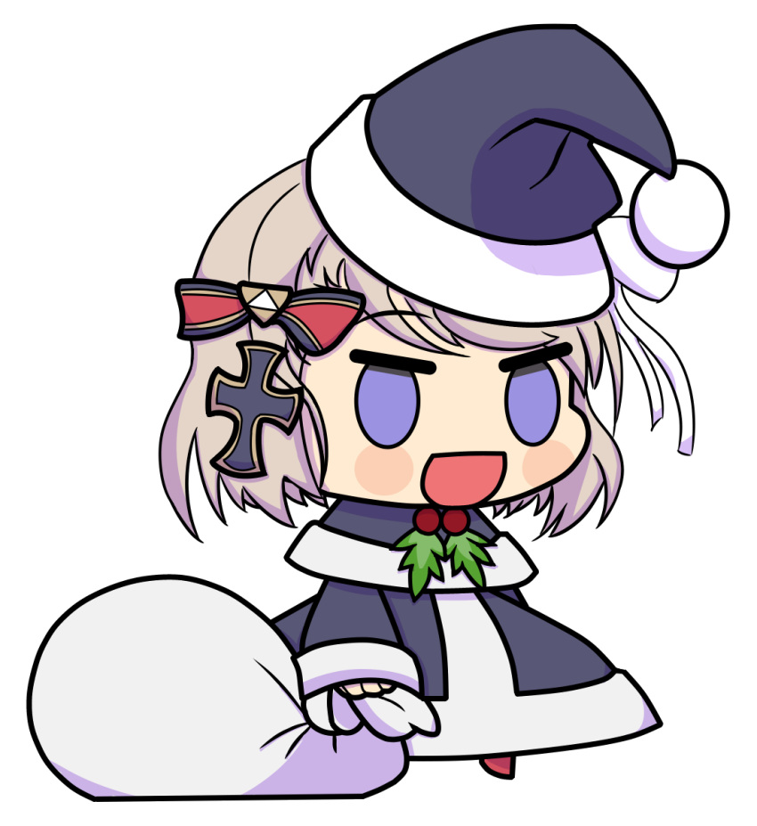 1girl :d azur_lane black_dress black_headwear bow brown_hair chibi christmas commentary cross_hair_ornament dress full_body hair_bow hair_ornament hat highres holding holding_sack lou7e open_mouth padoru sack santa_costume santa_dress santa_hat short_hair smile solo transparent_background violet_eyes z23_(azur_lane)