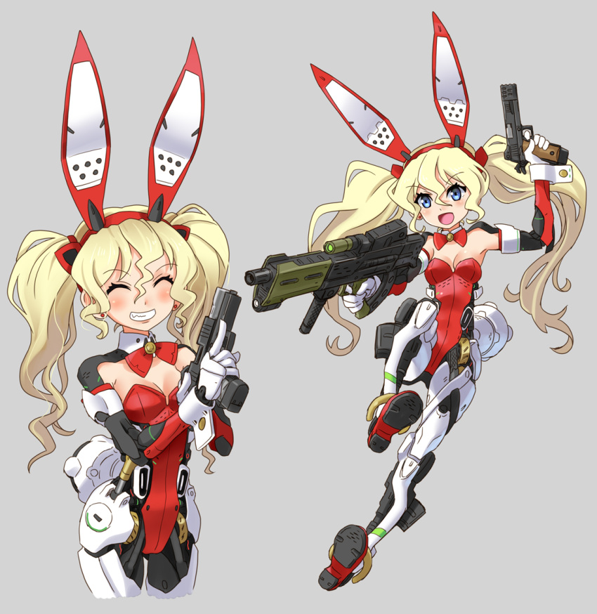 1girl animal_ears assault_rifle blonde_hair blue_eyes breasts bunny_girl bunny_tail bunnysuit commentary_request detached_collar fake_animal_ears gun hairband handgun highres holding holding_weapon katahira_masashi leotard mecha_musume multiple_views original pistol rabbit_ears red_leotard rifle small_breasts strapless strapless_leotard tail twintails weapon wrist_cuffs