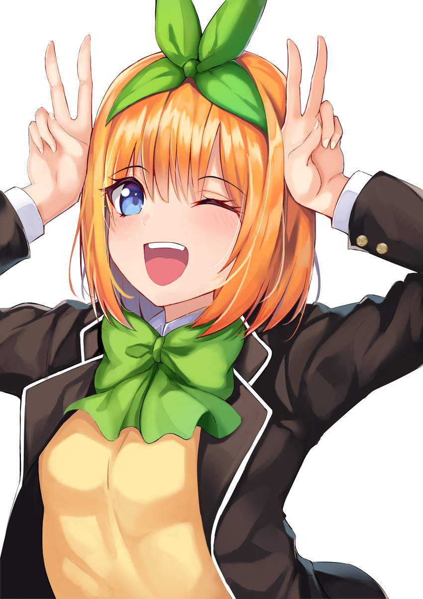 1girl ;d absurdres arms_up black_jacket blue_eyes blush bow bowtie breasts brown_sweater double_v eyebrows_visible_through_hair go-toubun_no_hanayome green_bow green_neckwear green_ribbon hair_ribbon highres jacket long_sleeves looking_at_viewer medium_breasts nakano_yotsuba nao_(okt8538) one_eye_closed open_clothes open_jacket open_mouth orange_hair ribbon school_uniform short_hair simple_background smile solo sweater upper_body upper_teeth v white_background