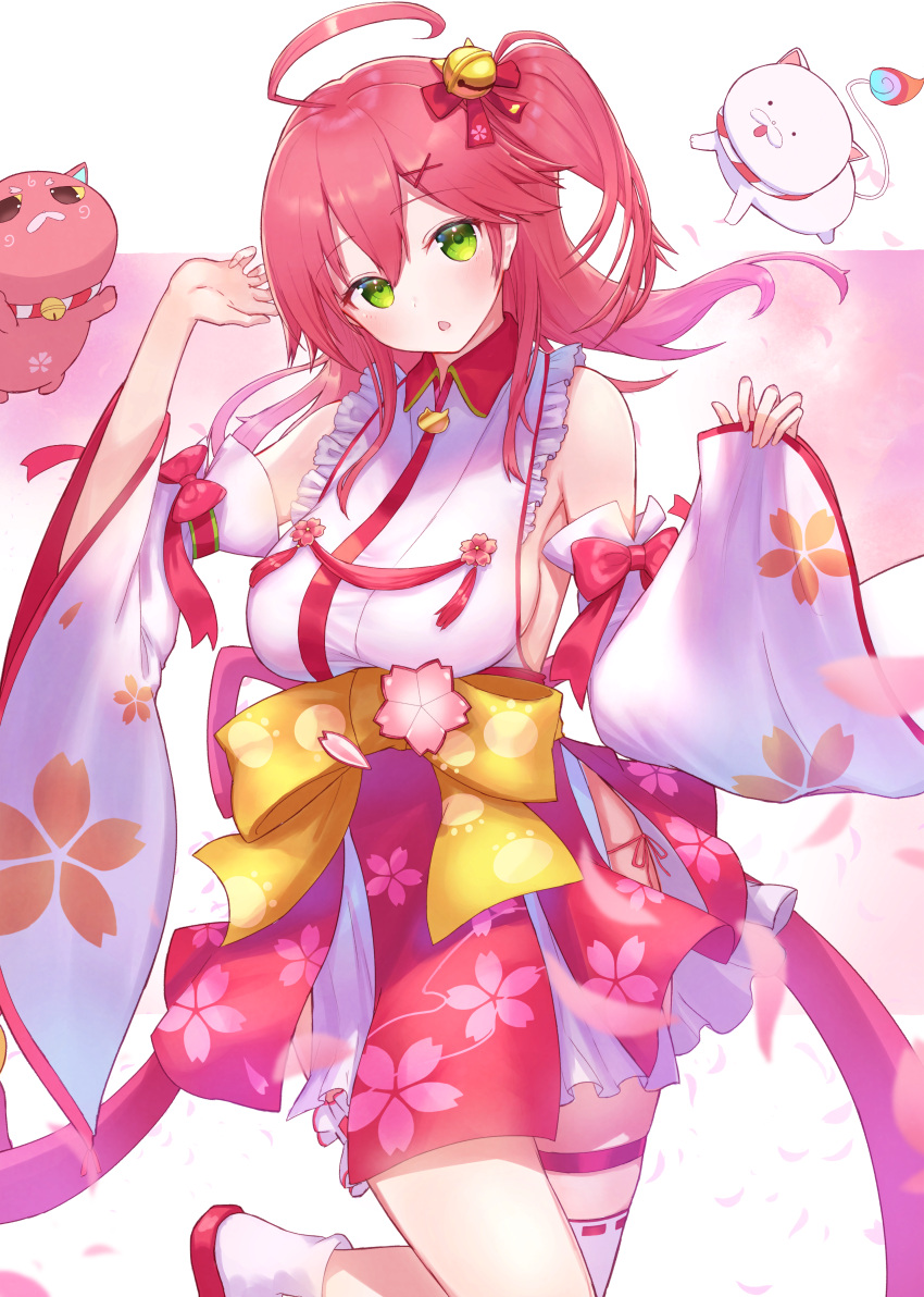 1girl 35p_(miko_channel) absurdres ahoge animal_print bangs bare_shoulders bell breasts cat cat_print cherry_blossom_print cherry_blossoms collar detached_sleeves eyebrows_visible_through_hair green_eyes hair_bell hair_between_eyes hair_ornament hairclip hayataku1234 highres hololive kintoki_(miko_channel) large_breasts nontraditional_miko one_side_up paw_print_pattern pink_cat pink_hair red_collar sakura_miko sideboob single_thighhigh thigh-highs virtual_youtuber white_cat white_legwear wide_sleeves