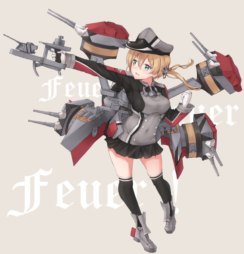 1girl absurdres anchor_hair_ornament aqua_eyes black_legwear black_skirt blonde_hair cannon full_body german_text gloves hair_ornament hat highres iron_cross k_jie kantai_collection kneehighs long_hair low_twintails microskirt military military_uniform peaked_cap pleated_skirt prinz_eugen_(kantai_collection) rigging skirt solo turret twintails uniform white_gloves