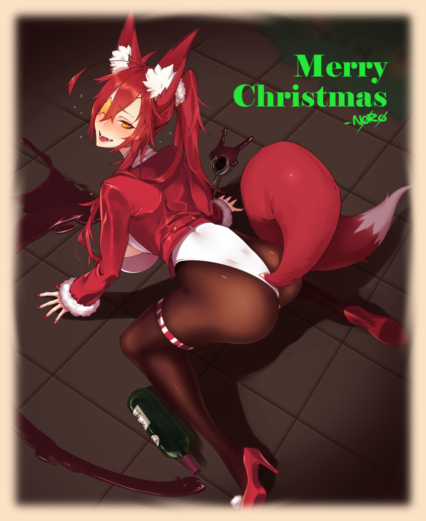 1girl :d all_fours animal_ear_fluff animal_ears ass back black_legwear blush bottle christmas cup drinking_glass drunk eyepatch fangs fox_ears fox_girl fox_tail fur_trim hair_between_eyes high_heels highres leotard long_hair open_mouth original pantyhose ponytail red_footwear red_nails redhead skelefuku sleeves_past_wrists smile solo spill tail teeth thigh_strap wine_bottle wine_glass