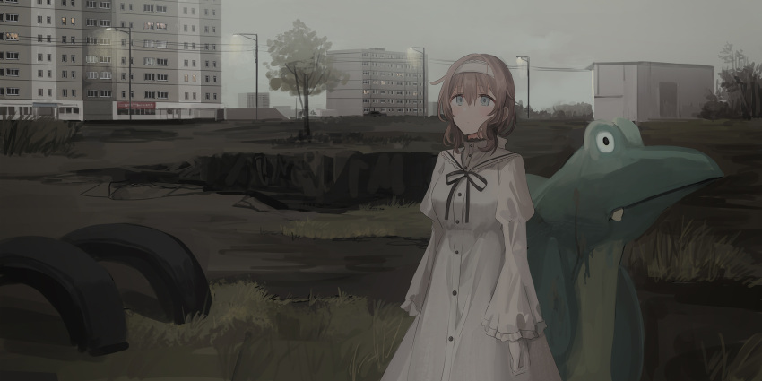 1girl bangs black_ribbon blue_eyes breasts brown_hair building chihuri closed_mouth commentary_request dress eva_(chihuri) eyebrows_visible_through_hair gloves hair_between_eyes hairband highres juliet_sleeves lamppost long_sleeves medium_breasts neck_ribbon original outdoors overcast puffy_sleeves ribbon sleeves_past_wrists solo standing tire tree white_dress white_gloves white_hairband wide_sleeves