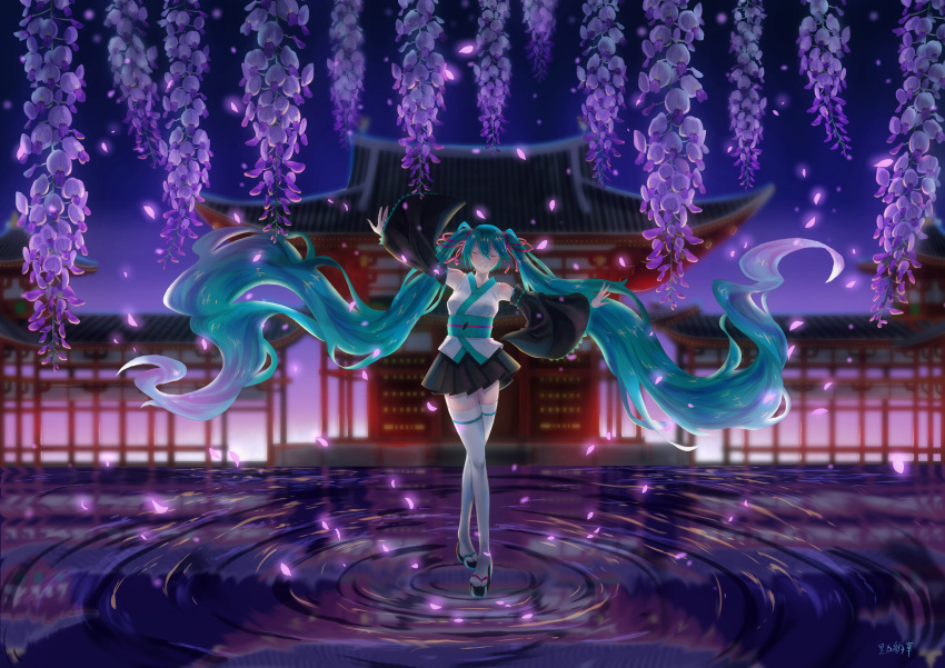 1girl absurdres aqua_hair black_skirt closed_eyes commentary_request dancing detached_sleeves evening falling_petals flower full_body hair_ribbon hatsune_miku highres huge_filesize japanese_clothes kimono kurono_hyouka long_hair obi pleated_skirt red_ribbon ribbon sash short_kimono shrine signature skirt solo standing standing_on_liquid thigh-highs twintails very_long_hair vocaloid water white_legwear wide_sleeves wisteria zouri